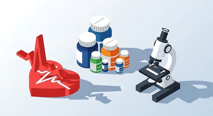 Bright isometric illustration of a research lab tabletop: colorful test tubes, chemical flasks, 
