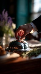 A hand lifts a silver cloche in a sophisticated setting, revealing gourmet cuisine amidst elegant table decor and vibrant flowers.