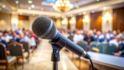 Microphone at the podium on a blurred conference hall