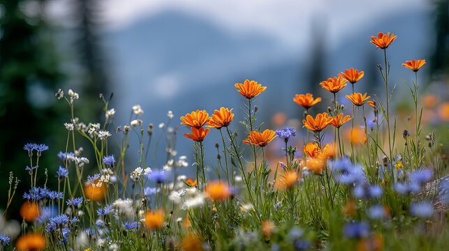 Vibrant orange and blue wildflowers blooming in sunny mountain meadow with lush green grass and distant peaks peaceful alpine spring nature landscape background - Powered by Adobe