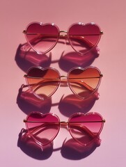 Three pairs of stylish heart-shaped sunglasses with pink lenses and golden frames, arranged on a matching pink background.