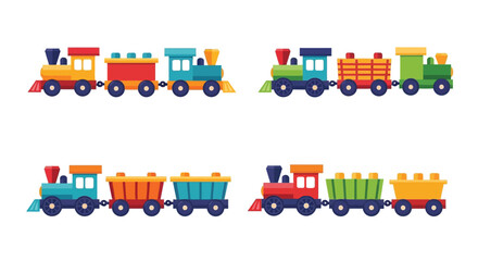 Colorful cartoon train set illustration with various carriages and locomotives © Lhvect02