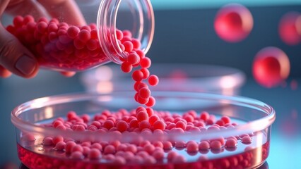 Pouring Red Spheres into Petri Dish
