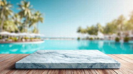 Marble table with a blurred tropical resort background