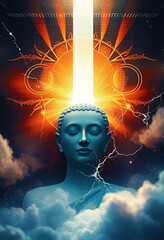 Abstract illustration of Buddha in meditation, symbol of spirituality, enlightenment and cosmic vision