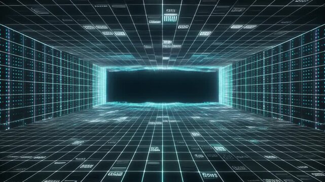 Abstract Digital Grid Tunnel - A Journey Through Virtual Space.