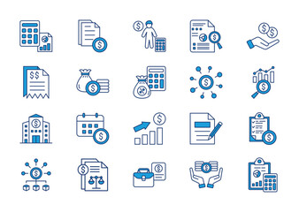 Accounting thin blue icon set. Containing accountant, audit, earnings, invoice, finance, tax calculator, profit loss, money management, credit, analysis . Vector illustration