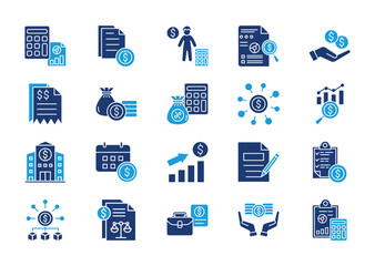 Accounting thin solid icon set. Containing accountant, audit, earnings, invoice, finance, tax calculator, profit loss, money management, credit, analysis . Vector illustration