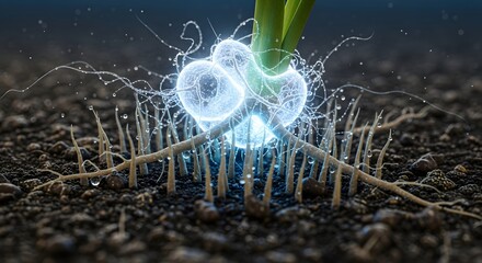 Glowing microscopic organism attached to a seedling's root system in the soil. Bio-technology, plant health, and nutrient absorption. Close-up of a microbe interacting with small roots and drops.