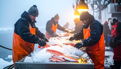 Fishermen processing fish on a snowy deck