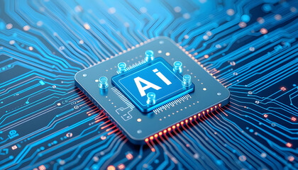 Artificial Intelligence microchip with digital interface icons on blue futuristic circuit board, AI and data network concept. 3d Rendering