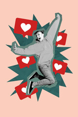 Trend artwork composite banner 3D photo collage of silhouette young lady jump smile hold phone selfie button follow like notification app