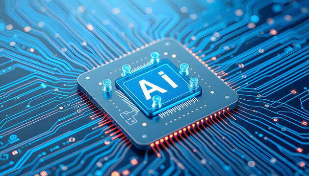 Artificial Intelligence microchip with digital interface icons on blue futuristic circuit board, AI and data network concept. 3d Rendering