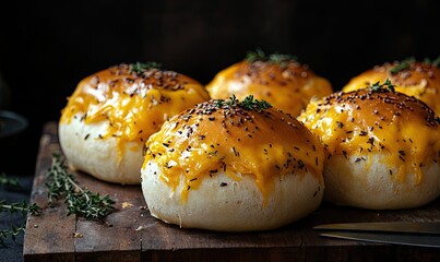 Freshly baked golden Hawaiian garlic butter rolls topped with melted cheese and chopped herbs, arranged on a wooden board