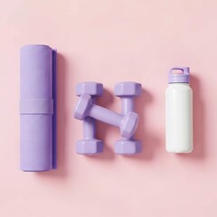 dumbbells on a pink background, Sports equipment set for fitness training. Purple dumbbells, yoga mat, reusable water bottle on pink background for home workout. Training accessories for gym exercise,