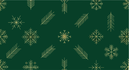 Elegant Gold Snowflake and Pine Pattern on Green Background Festive Christmas Design