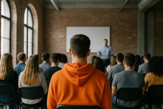 Young man in orange hoodie attending a seminar with diverse students listening to a speaker in a modern classroom setting with brick walls and windows. Ai generative