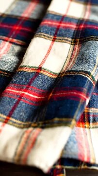 Close Up of Folded Plaid Flannel Shirt With Red Blue and White Colors on Dark Wooden Surface Soft Lighting