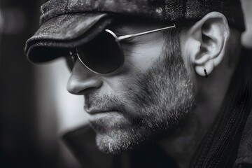 Monochrome portrait of an attractive man with a cap and sunglasses looking into the distance