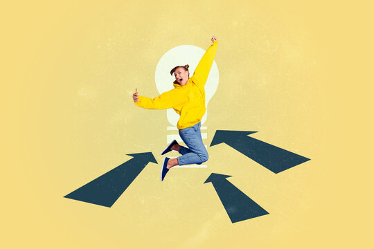 Banner trend collage of person stand jump run above picture arrows light bulb on blue background - Powered by Adobe