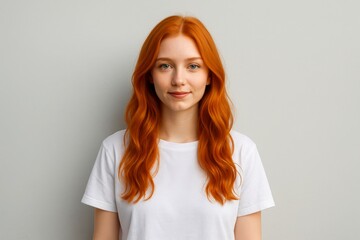 Fototapeta premium Confident young redhead woman with long wavy hair in white t-shirt standing against plain background, neutral expression, people concept portrait. Ai generative