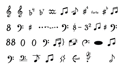 Collection of musical notation symbols and elements on a white background