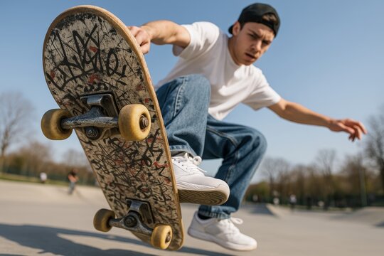Young skateboarder performing aerial trick on graffiti-covered board in outdoor skatepark on sunny day, wearing casual outfit and cap. Ai generative