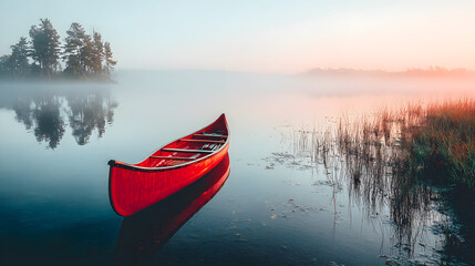 Red canoe floating gently on a fog-covered lake at dawn
