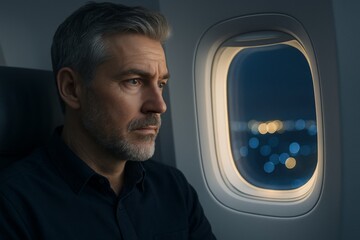 Thoughtful mature man gazing out airplane window during nighttime flight, illuminated by soft cabin light, deep in contemplation and reflection. Ai generative