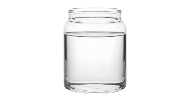 Clear glass jar filled with clear liquid isolated on a transparent background container