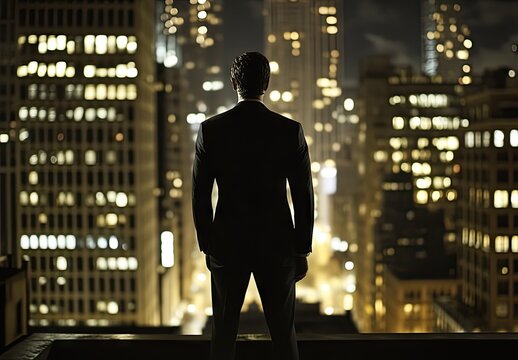 Backlit silhouette of a man in suit on a skyscraper edge with illuminated city lights at night