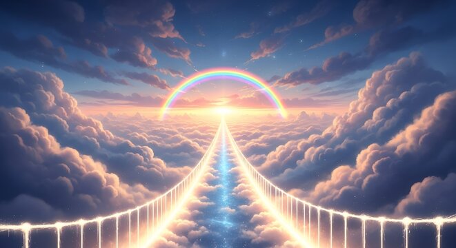 Magical golden path leading over a sea of glowing clouds toward a bright rainbow sunset. Heaven's journey, hope, and peace. Illuminated bridge above the atmosphere under a dramatic, colorful sky.