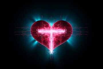 Abstract glowing red heart containing a vibrant pink cross on a dark background