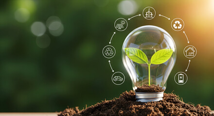 Inspiring renewable energy concept featuring seedling in lightbulb surrounded by sustainable icons for a greener future and environmental responsibility