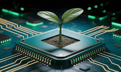 Sustainable technology concept with vibrant green sprout growing from computer chip, illustrating innovation and future growth in a digital world