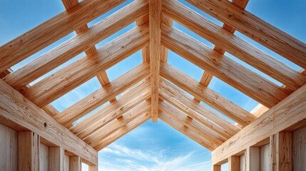 Wooden roof structure against a bright blue sky