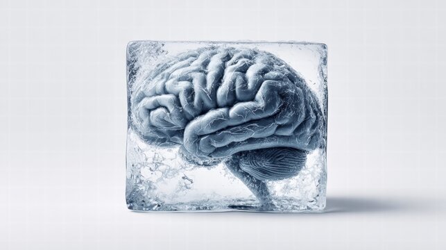 A human brain frozen inside a block of ice, representing intellect and coldness.