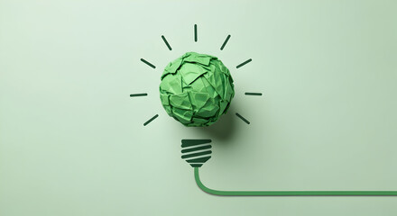 Innovative green crumpled paper lightbulb shines with eco-friendly energy and a creative spark, perfect for sustainable business solutions