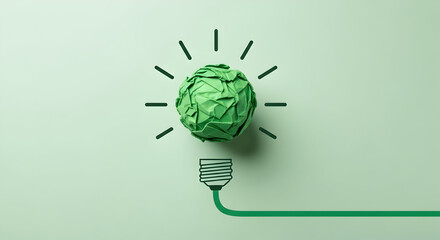 Bright green crumpled paper bulb radiates innovative ideas for sustainable business and creative solutions on a light green background, inspiring progress