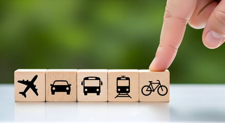 Choose your adventure exploring sustainable travel options airplane car bus train bicycle on wooden blocks showing eco friendly transportation choices