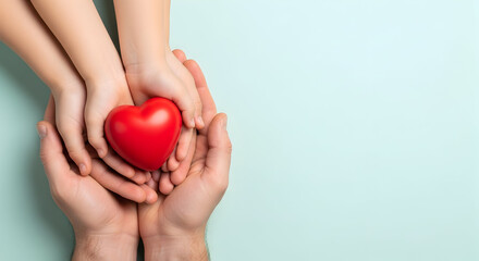Show your love with a heartwarming gift, father holding small red heart with child hands, symbolizing family bond and healthy heart care
