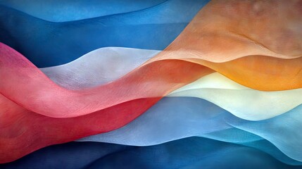 Abstract composition of flowing, translucent fabric layers in a spectrum of colors, creating a sense of movement and depth.