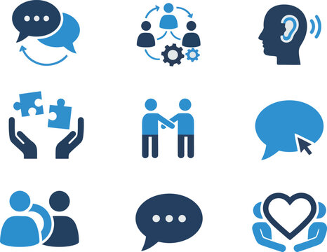 Human interaction icon set. Communication, people, connection, friends, chat, bonding, socializing, group, relationship and more. Solid vector icons collection.