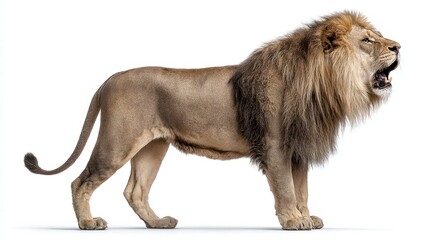 Obraz premium Majestic lion roaring against a clean white background, showcasing its power.