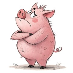 Fototapeta premium Cartoon pig standing with arms crossed looking annoyed