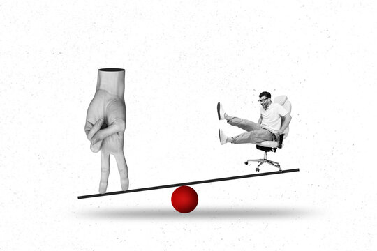 Poster trend sketch template 3D photo collage of two finger hand body stand weights young man sit armchair balance stress overcome work - Powered by Adobe