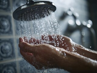 Close-up of hands gathering water under a running shower head, emphasizing cleanliness and freshness in a bathroom setting.