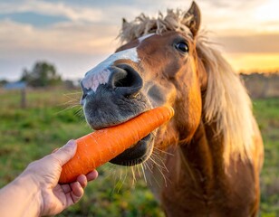 人からもらったニンジンを食べる馬