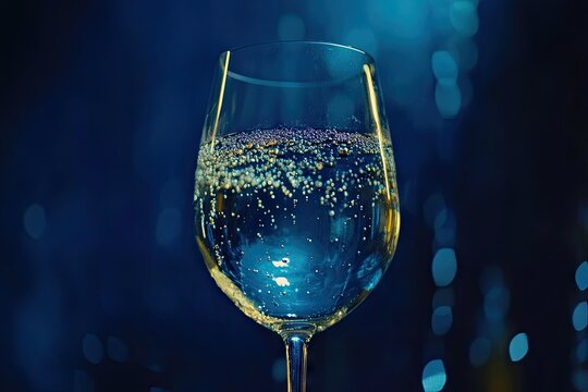 Close-up of sparkling white wine or champagne with fine bubbles rising in a crystal glass against dark blue background - Powered by Adobe