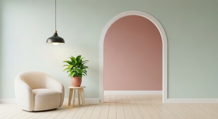 Modern archway interior design with plush armchair and potted plant minimalist aesthetic